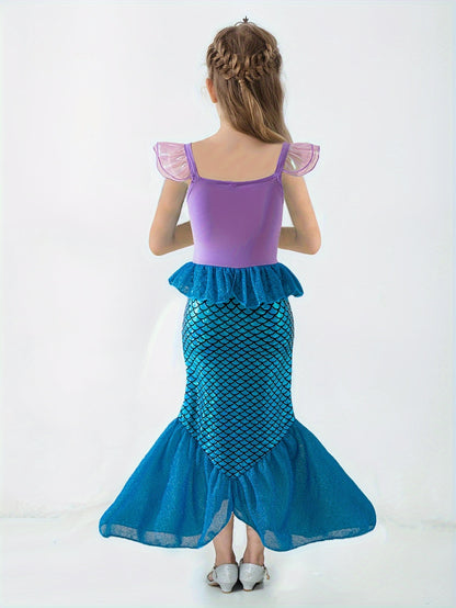 Girls Cartoon Mermaid Princess Dress Up Clothing, Flutter Sleeve Sequin Decor Peplum Mermaid Tail Dress For Pool Party