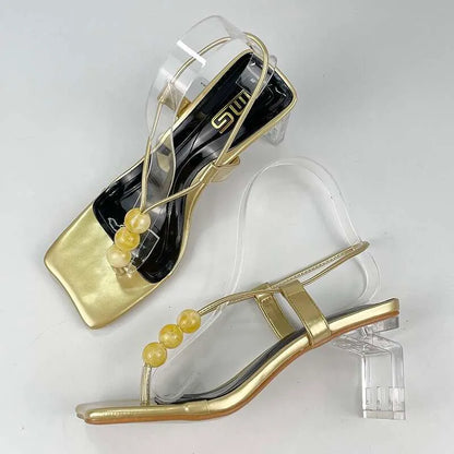 Summer New Fashion Square Head High Heels Round String Bead Sandals Large Size Women Shoes Kq8