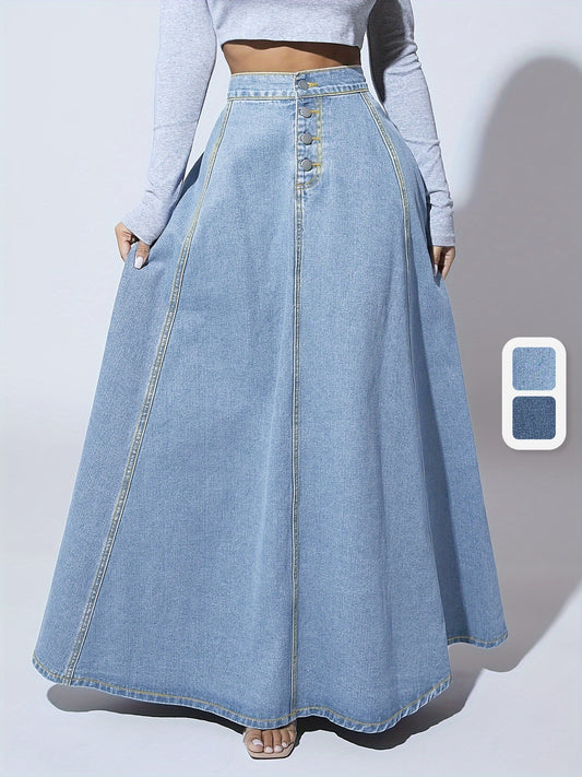 Fashionable Retro Flare Denim Skirt - Single-Breasted & High Rise - Timeless Maxi Silhouette in Washed Blue - Comfortable Inelastic Denim for Tall Womens Style