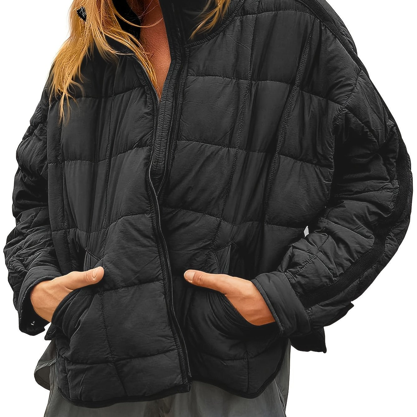 Women's Quilted Puffer Jacket Zip Up Oversized Lightweight Padded Down Coat Outerwear