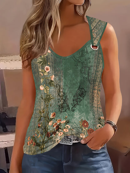 Vintage Floral Print Ring Accent Tank Top - Breathable Sleeveless Loose Fit for Summer Style - Womens Fashion Clothing