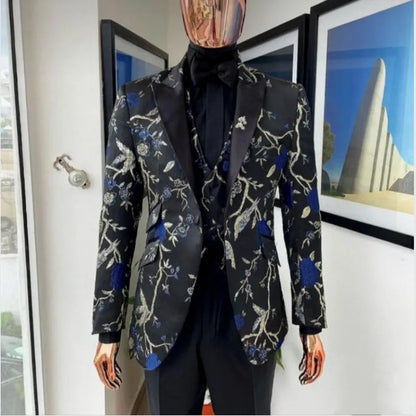 Real Photo Groom Tuxedos Weaving Brocade Jacquard Men Party Business Suits 3 Piece Prom Blazer Dress Customize W1450