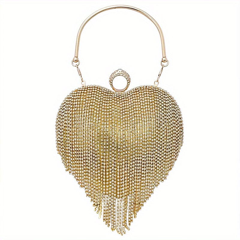 Glamorous Rhinestone Heart Clutch - Sparkling Evening Bag with Tassel Accent - Perfect for Wedding & Party Events - Secure Top Ring Closure