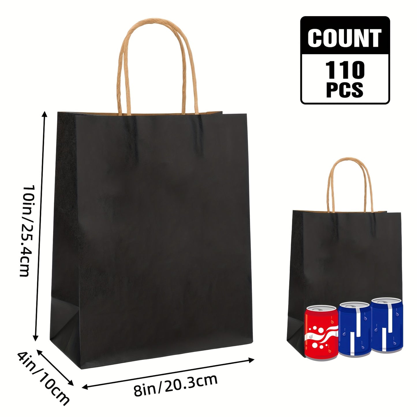 110pcs Black/Brown Gift Bags Paper Gift Bags With Handles, Christmas Gift Bags, Medium Sizes Gift Bags Bulk, Paper Bags For Small Business, Shopping Bags, Retail Bags, Party Bags, Favor Bags, 8x4x10 In