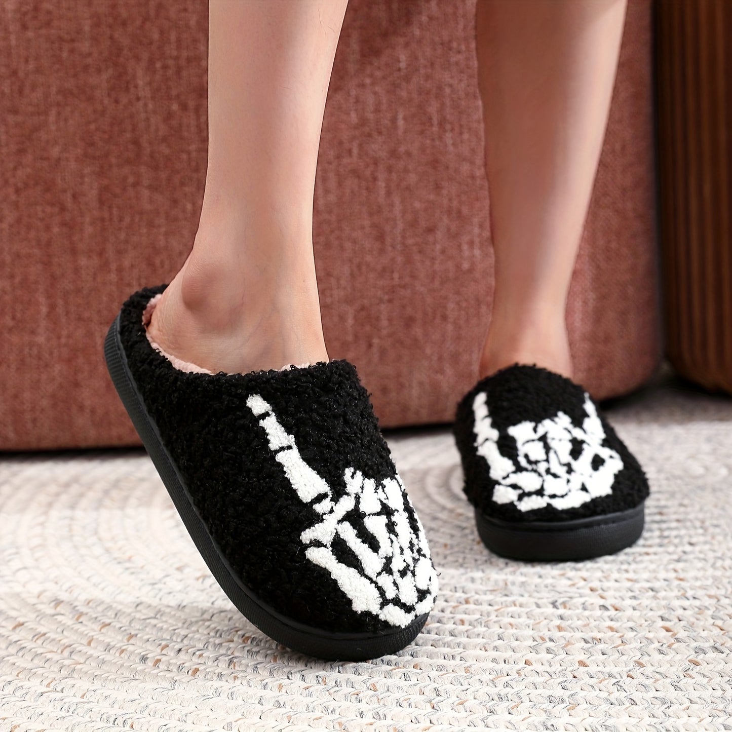 Cozy Cartoon Skeleton Hand Fuzzy Slippers - Soft, Warm, and Plush Slip-On Shoes with TPR Sole for Music Festival and Winter - Cartoon Patterned, Punk Style, Fabric Upper and Insole, All-Season Wear