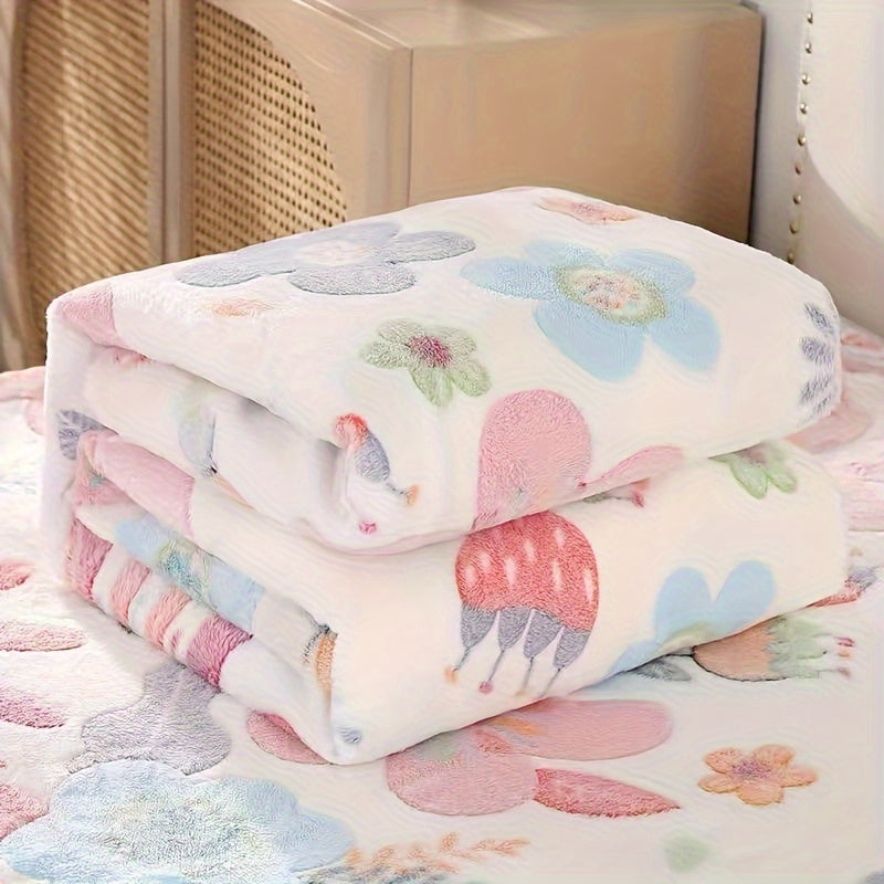 1pc Cute Pink Flower Print Flannel Blanket, Air Conditioning Blanket, Nap Blanket, Warm Cozy Soft Blanket, Office Camping Travel Home Decor Blanket, Shawl Blanket Skin-friendly Casual Sofa Blanket, Multifunctional Blanket, Holiday Gift