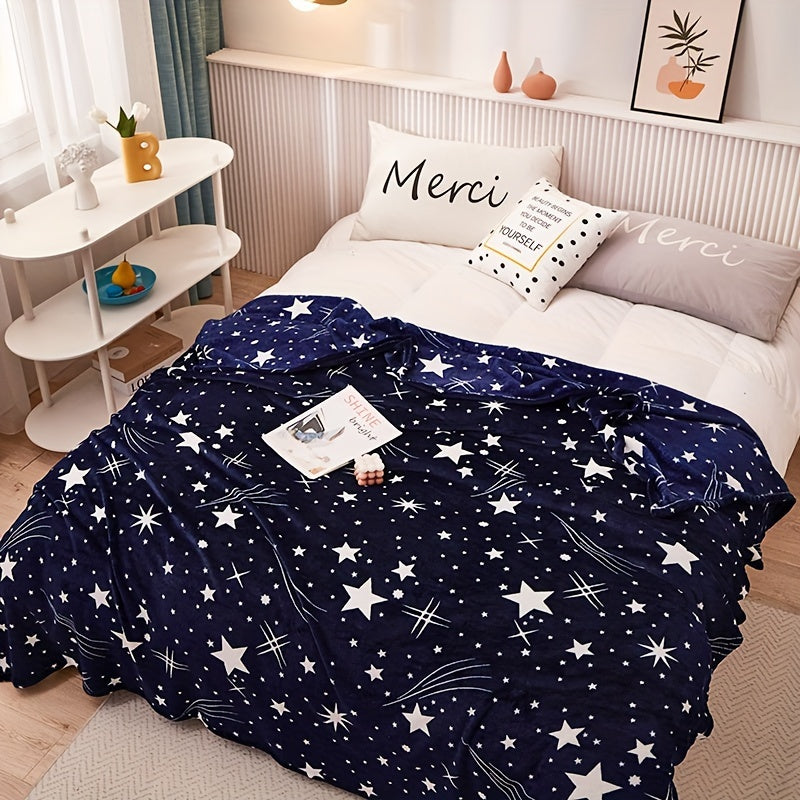 1pc Blue Starry Sky Print Polyester Flannel Blanket, Soft Warm Throw Blanket Nap Blanket For Couch Sofa Office Bed Camping Travel, Multi-purpose Gift Blanket For All Season