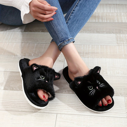 Cute Cartoon Cat Plush Slippers - Ultra Soft, Fuzzy, Warm, Non-Slip, Cozy, Comfy Indoor Bedroom Footwear with Fabric Insole and EVA Sole for Cold Winter Days