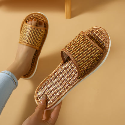 Cozy Rattan Slippers - Soft Linen Lined, Open-Toe, Slip-On Design, Comfortable Indoor Shoes for Relaxation - Perfect for Home, Spa, or Poolside