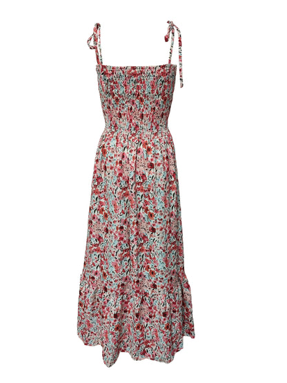 VAKKV  Summer Breeze Floral Spaghetti Strap Gown - Sleeveless, Lace-Up, Long Vacation Dress, Easy-Care Polyester
