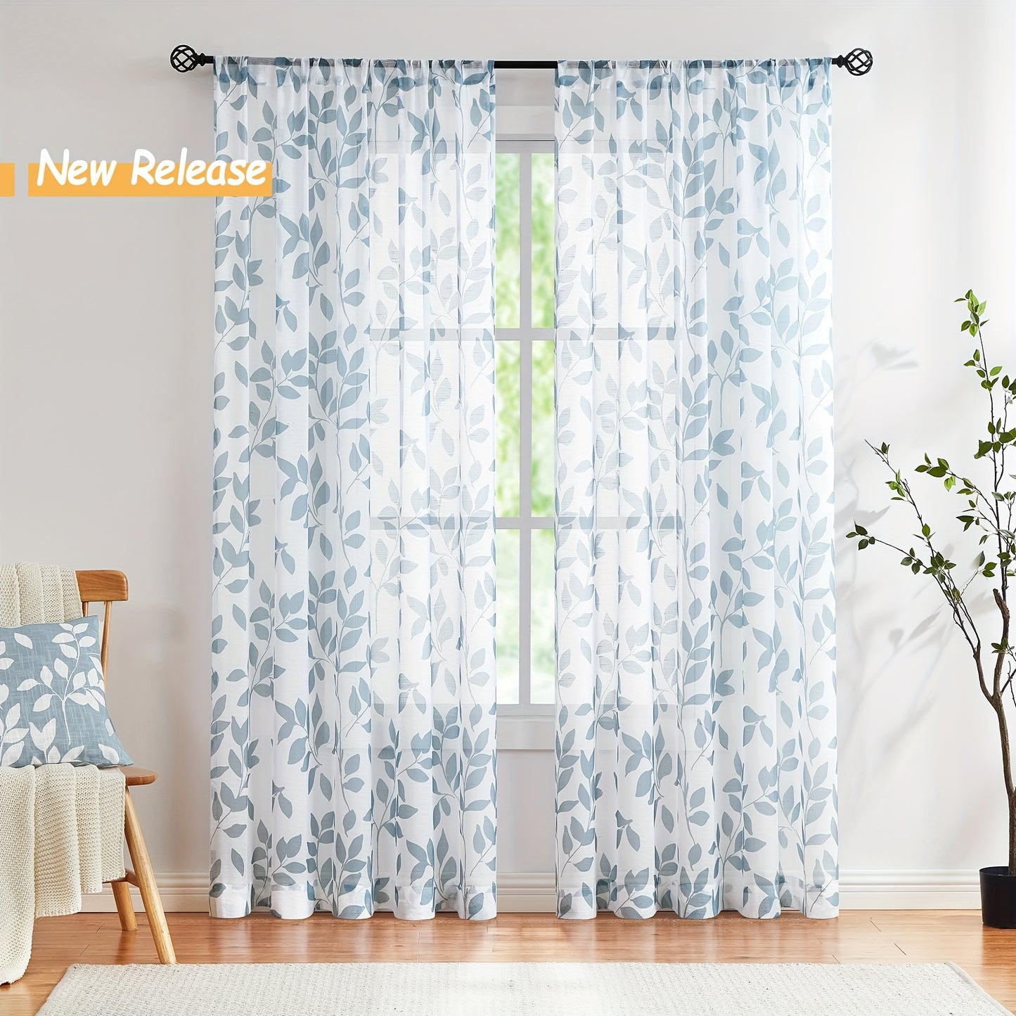 2pcs Leaf Printed Linen White Sheer Curtain, Rod Pocket Window Treatment For Bedroom Office Kitchen Living Room Study Home Decor