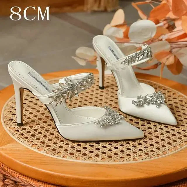 Crystal Slipper Mueller Shallow Mouth Pointed Silk Rhine-Drill High White Slender Heels Wedding Shoes Kq8