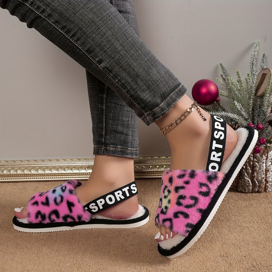 Cozy Leopard Print Plush Slippers for Women - Soft, Fuzzy, Elastic Strap, Open-Toe, Slip-On Design, Comfy, Warm, and Breathable Shoes for Indoor Wear