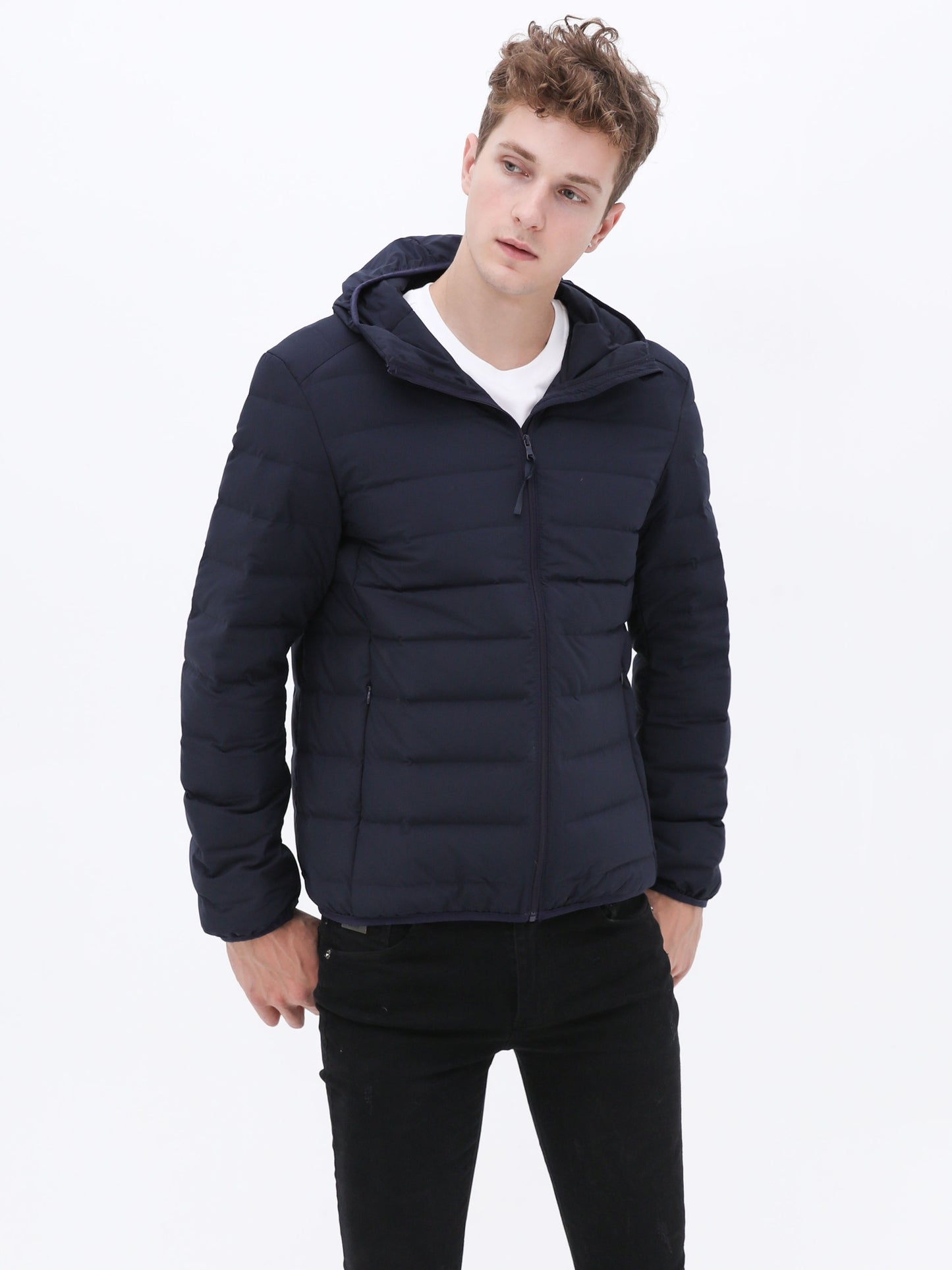 Warm Lightweight Puffer Hooded Jackets, Men's Casual Solid Color Classic Design Quilted Jacket For Fall Winter