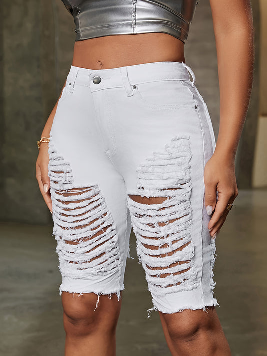 Womens Fashion-Forward Distressed Denim Shorts - Trendy Ripped Mid Waist Bermuda Style - Perfect for Summer, Chic Streetwear Look