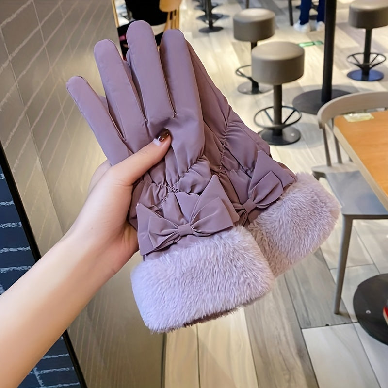 Women's Winter Touchscreen Gloves - Thick, Warm Velvet-Lined With Bow Detail For Cycling & Skiing