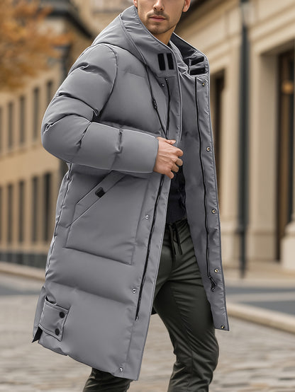 Winter Thickened Medium-Long Warm And Cold-Proof Hooded Drawstring Large Pockets Windproof And Waterproof Men'S Imitation Down Jacket Cotton Coat