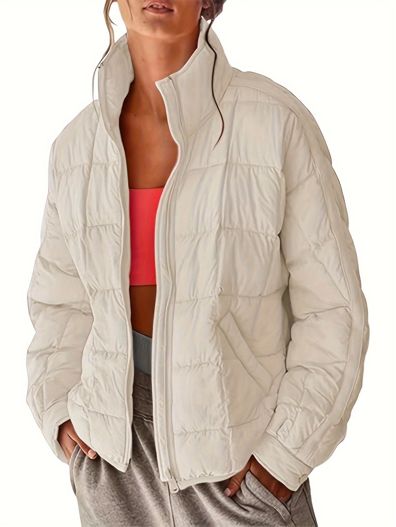 Women's Quilted Puffer Jacket Zip Up Oversized Lightweight Padded Down Coat Outerwear