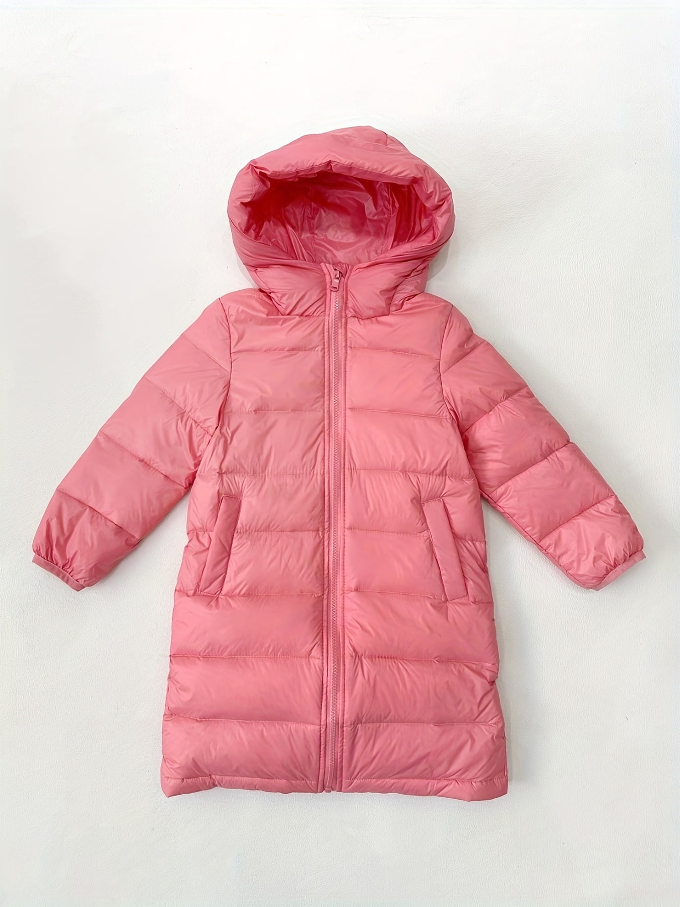 Girls Lightweight Down Jacket With Hood, Long Zipper Up Kids Snowsuit Winter Clothes