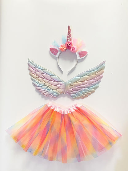 Girls Tulle Tutu Skirt With Rainbow Wings & Unicon Headband Princess Dress Up Costume For Halloween Party Kids Clothes