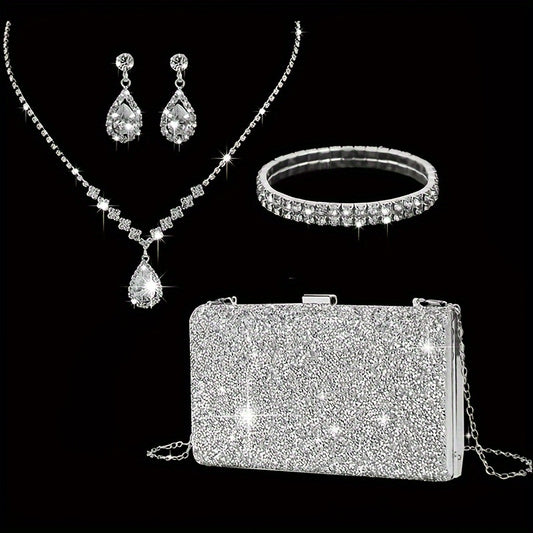 4pcs Glamorous Rhinestone Evening Bag Set - Sparkling Clutch Purse with Matching Earrings, Necklace & Bracelet for Weddings, Parties & Proms - A Luxurious Jewelry Ensemble for Women