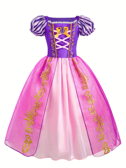 Girls Trendy Princess Dress With Crown Necklace And Ring For Birthday Party Halloween Christmas Costume Performance Dress Jewelry Wig Set Kids Clothes