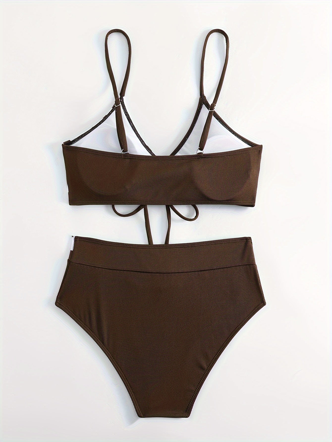 Brown Cow Print Bikini Set - Fashionable Ribbed Texture with Crossover Tie Front & Spaghetti Strap Hollow Out Design - A Flattering 2 Piece Swimwear Ensemble for Women