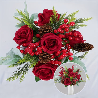 18pcs Artificial Christmas Flowers Bouquet, 14.5" Mix Bouquet with Pine Branches, Berry Stems, Pine Cones, Red Fake Roses for Xmas Winter Home Table Vase Decor, No Power Needed, Plastic Material