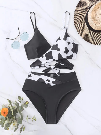 Chic Cow Print Bikini Set - Flattering V Neck, Layered High Cut Swimsuit - 2 Piece Womens Swimwear Ensemble for a Stylish Beach Look