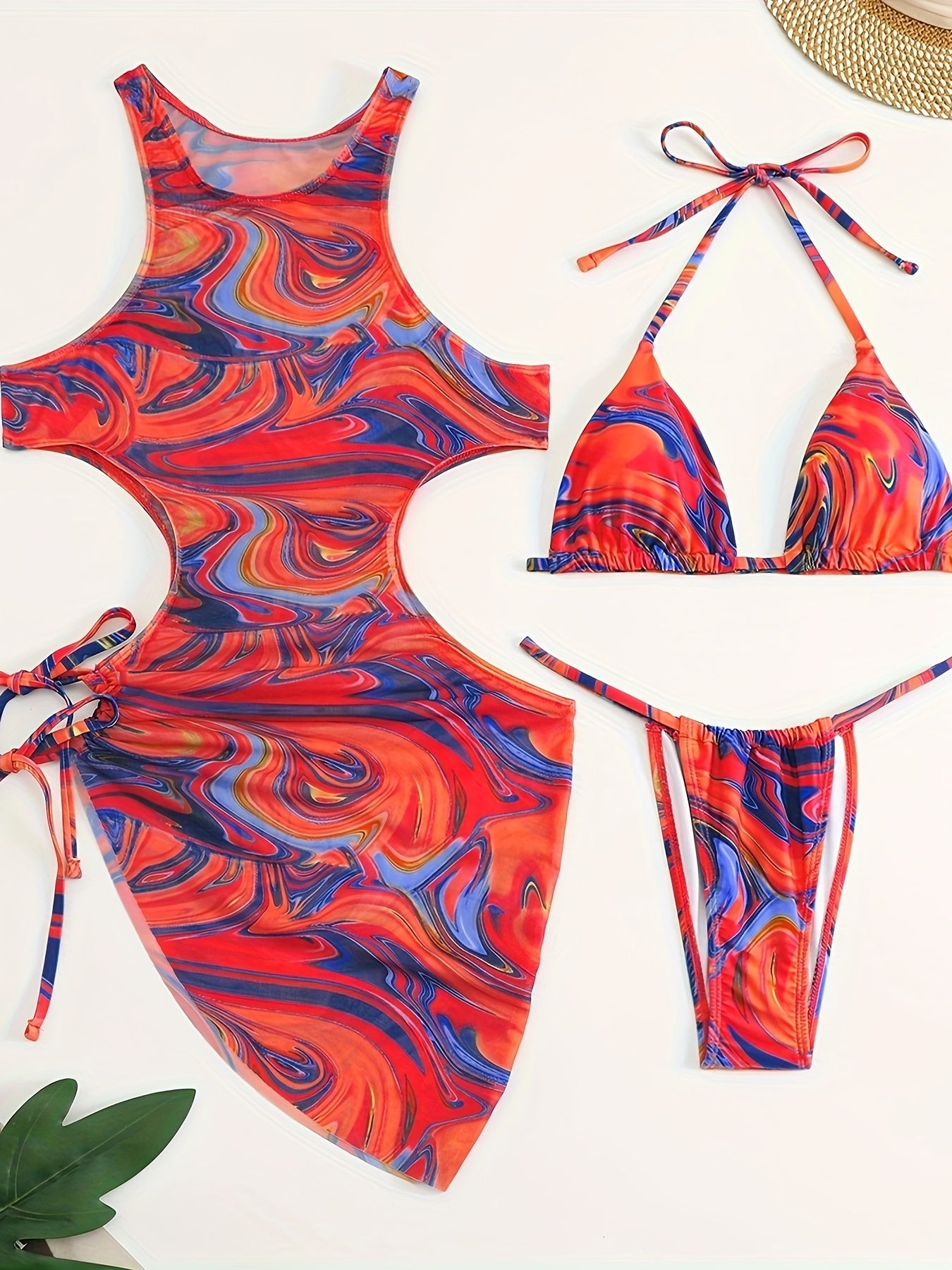 3-Piece Tropical Print Swimsuit Set - High-Stretch, Lace-Up Bikini Top with Tie, High-Waisted Cutout Bottom, Sun Protective Cover-Up Dress, Machine Washable, Polyester Fabric, Knit Construction