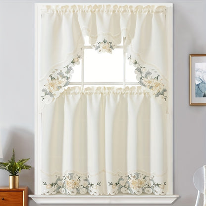 3-Piece Polyester Beige Floral Embroidered Window Curtains - Perfect for Home Decoration in Bedroom, Living Room, Kitchen & More!