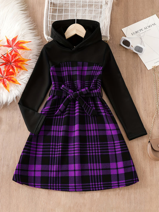 Hooded Plaid Dress for Girls - Long Sleeve, Vintage Splicing Style - Perfect for Spring, Fall, and Christmas