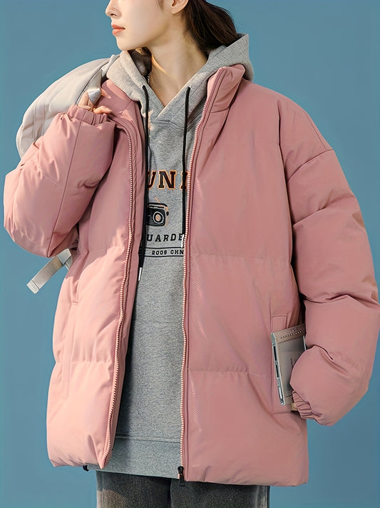 Women's Windproof Thermal Zip Up Thicken Jacket Coat, Solid Color Stand Collar Casual Coat