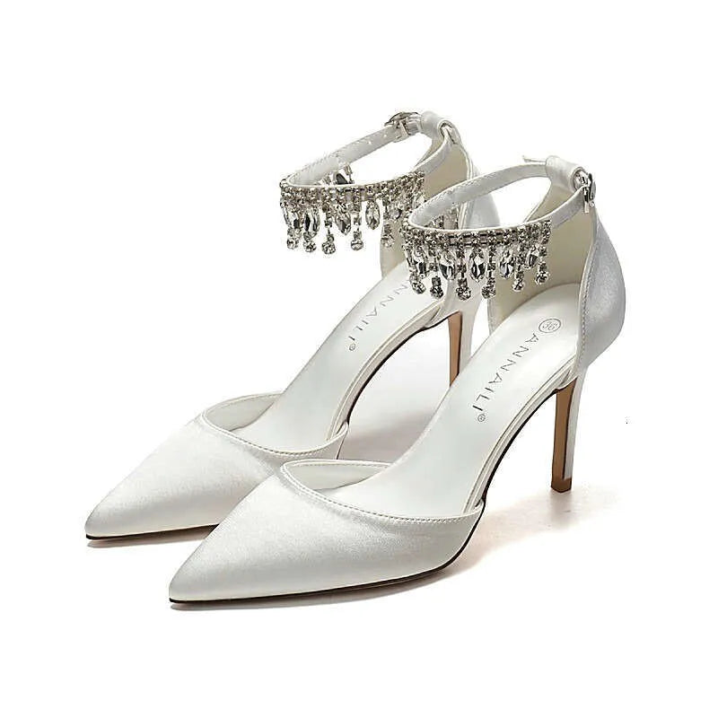 White Wedding Heels Women's Stiletto Bridal With Rhinestone Chain Pointed Toe Sandal Bridesmaid Shoes Kq8