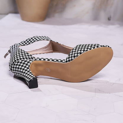 Womens Chic Houndstooth High Heel Sandals - Open-Toe Dress Pumps with Fashionable Cutout Design and Smooth Back Zipper Closure - Stylish for Any Occasion