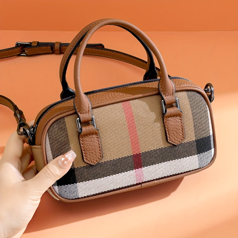 Vintage-Inspired Plaid Canvas Crossbody Bag - Stylish Lightweight Messenger Bag with Removable Strap, Zipper Closure, Polyester Lined, Edge Painted, and Occasion-Ready - Guangzhou Origin, Perfect for Everyday Use