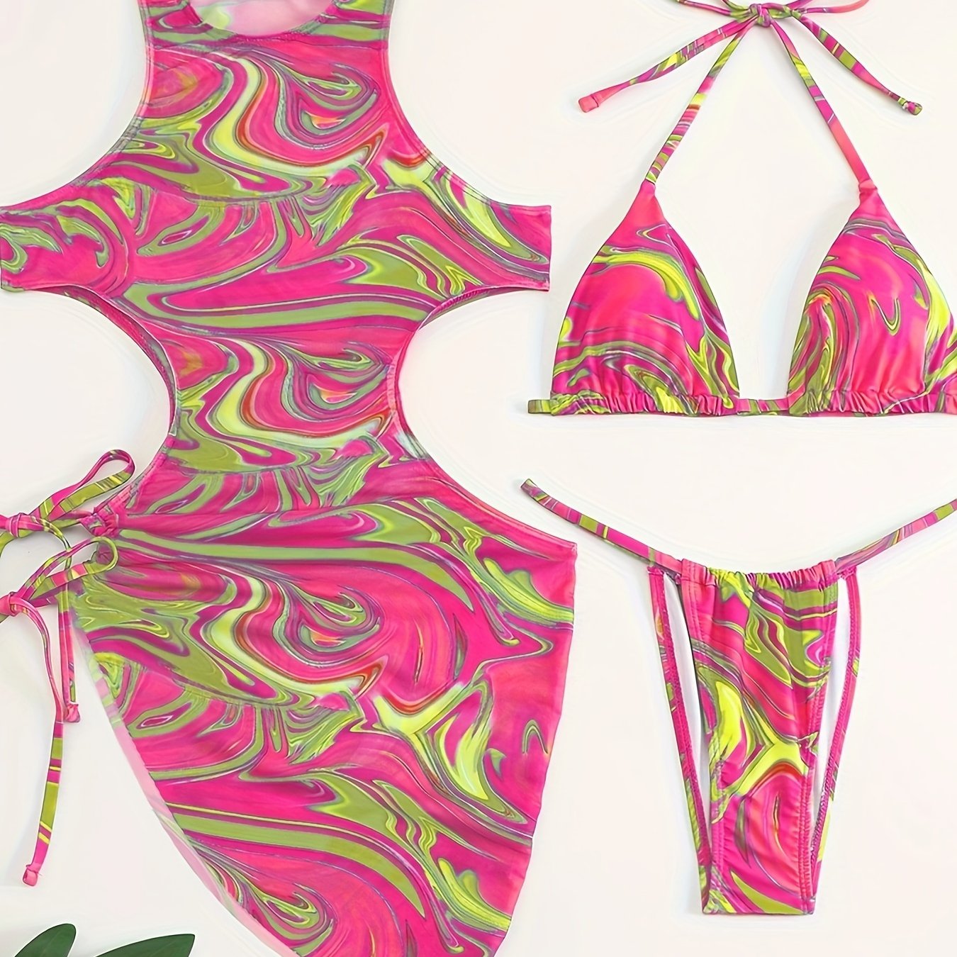 3-Piece Tropical Print Swimsuit Set - High-Stretch, Lace-Up Bikini Top with Tie, High-Waisted Cutout Bottom, Sun Protective Cover-Up Dress, Machine Washable, Polyester Fabric, Knit Construction