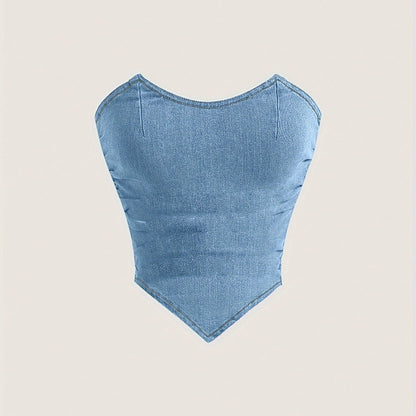 Plain Washed Blue Bandeau Zipper Ruched Strapless Slim Fit Stretchy Denim Top, Women's Denim Jeans & Clothing