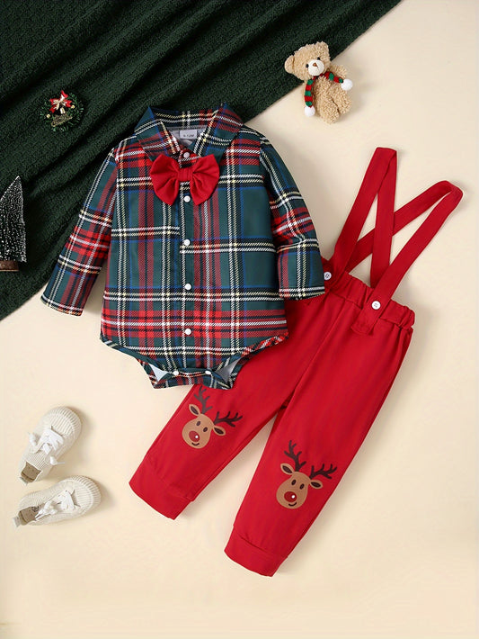 2pcs Baby's Christmas Style Plaid Pattern Bodysuit & Casual Cartoon Elk Print Overalls, Toddler & Infant Boy's Clothing Set, Outdoor Cloth