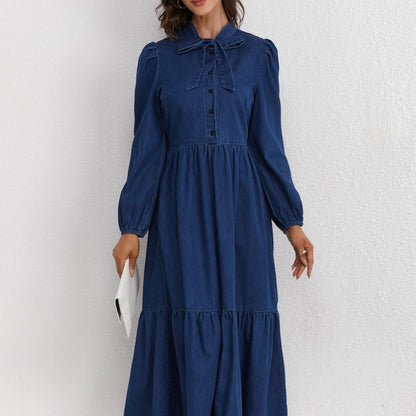 Elegant Style Plain Washed Blue Bowknot Tiered Layered Ruffled Puff Long Sleeve Maxi Denim Dress, Women's Denim Jeans & Clothing