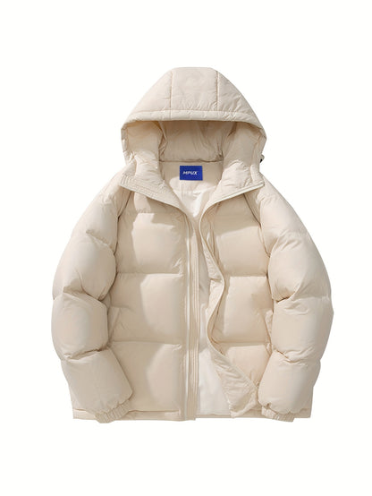 Men's Loose Solid Down Jacket With Pockets, Casual Breathable Zip Up Long Sleeve Warm Hooded Outwear For Winter Outdoor Activities