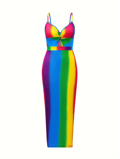 VAKKV  Rainbow Striped Twist Cami Dress - Flirty & Feminine, Adjustable Spaghetti Straps, Sexy Backless Style - Perfect Slim Fit for Spring & Summer - Trendy Womens Clothing