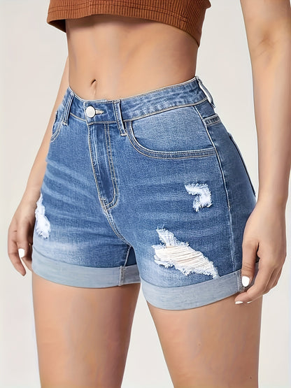 Womens High Stretch Ripped Denim Shorts - Fashionable Roll-Up Hem, Whiskering Detail, Slash Pockets - Casual Premium Jeans & Clothing Staple