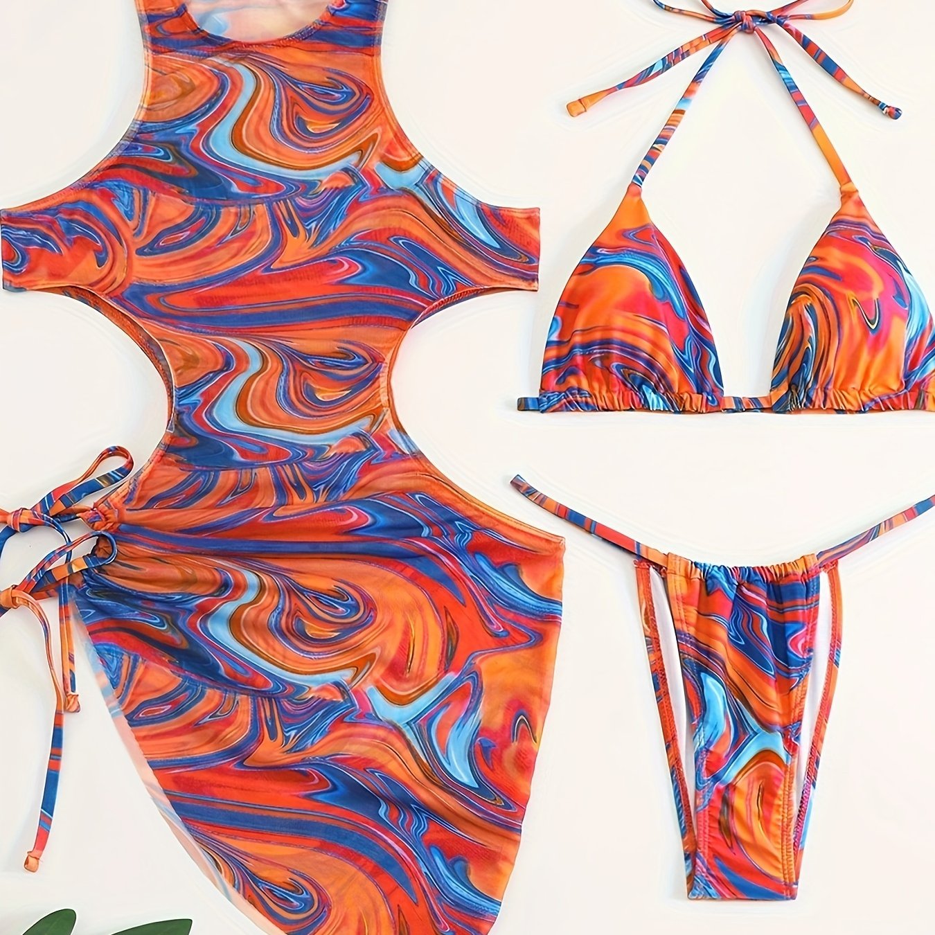 3-Piece Tropical Print Swimsuit Set - High-Stretch, Lace-Up Bikini Top with Tie, High-Waisted Cutout Bottom, Sun Protective Cover-Up Dress, Machine Washable, Polyester Fabric, Knit Construction