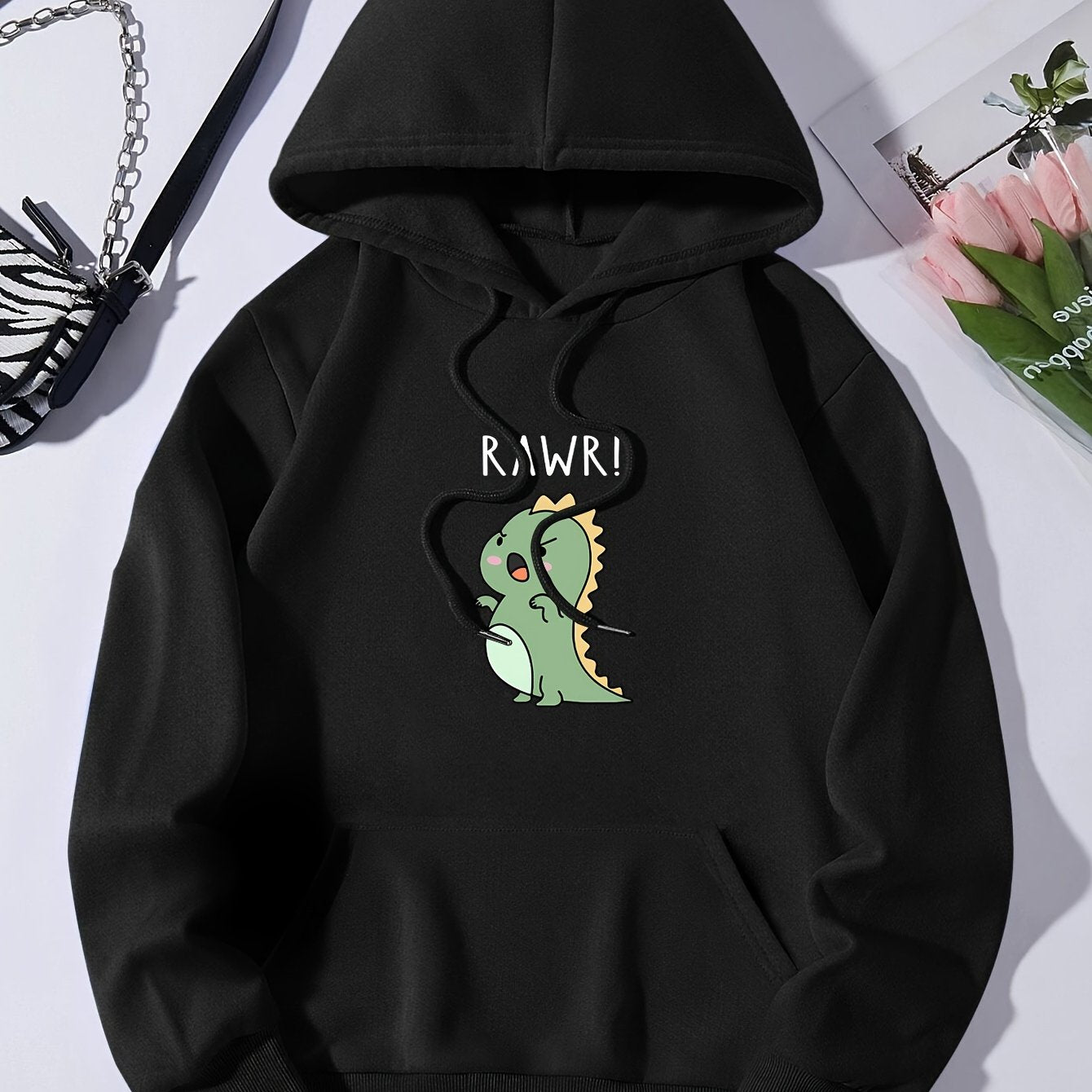 Cute Cartoon Dinosaur Print Hoodie, Drawstring Casual Hooded Sweatshirt For Winter & Fall, Women's Clothing