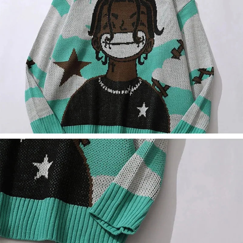 Harajuku Vintage Cartoon Anime Knitted Sweater Men Women Winter Oversized Rock Hip Hop Rap Pullover Jumper Sweater