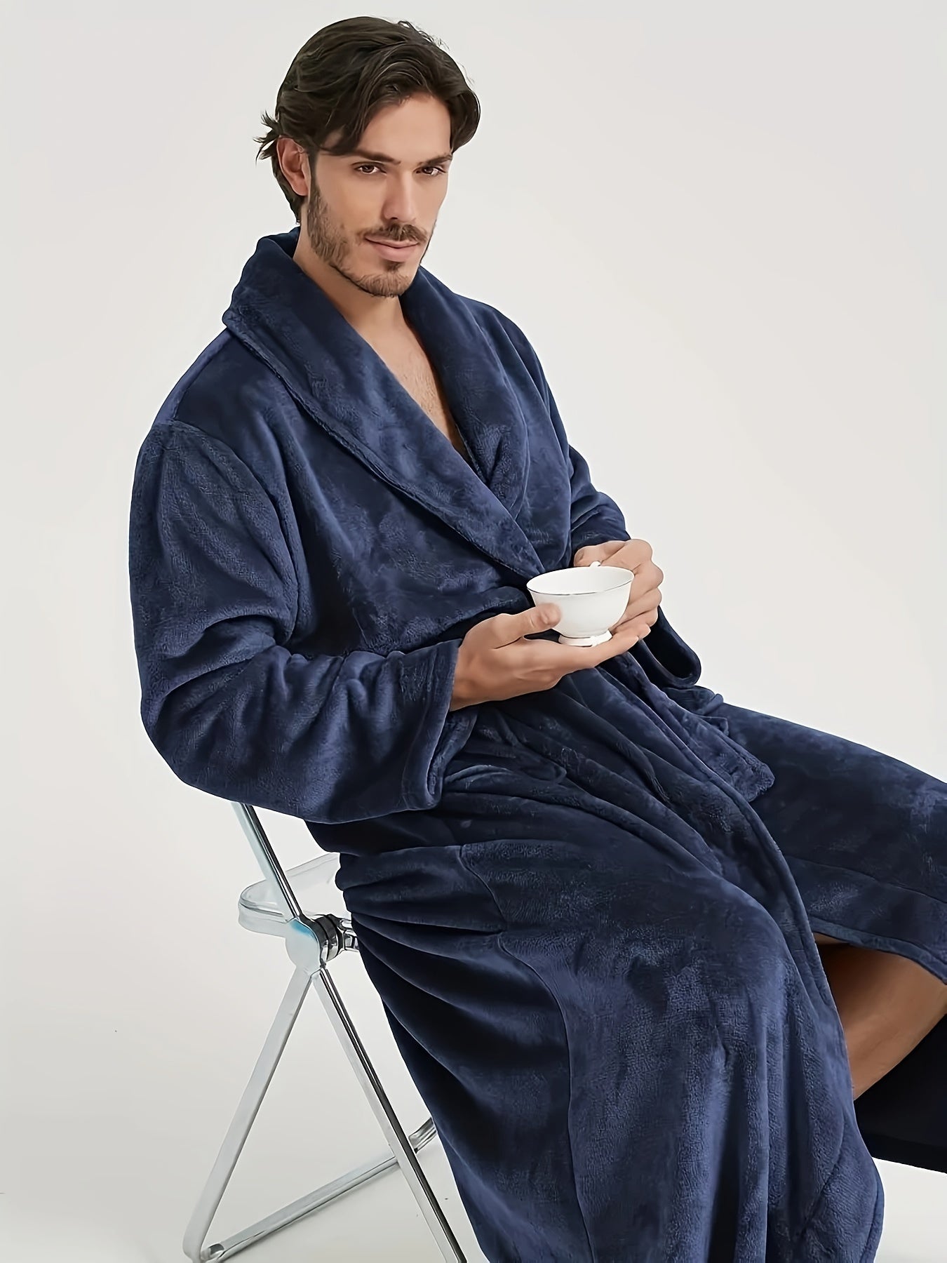 Cozy V-Neck Flannel Robe - Soft Fleece Elegant Long Sleeve Lounge Wear for Men - Autumn/Winter Comfortable Loose Fit, Super Stylish, Plush Fabric, Warm and Breathable