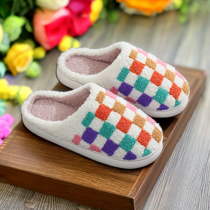 Vibrant Checkered Plush Slippers - Ultra Soft, Warm, and Cozy Indoor Shoes with Cushioned Insoles for Comfortable Walking - Perfect for Home, Lounge, or Leisure Activities