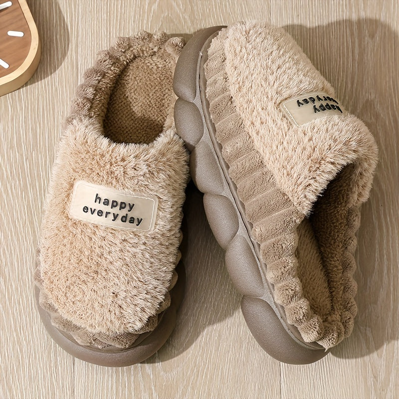 Cozy Women'S Slippers: Soft Fleece, Rubber Sole, And Festive 'Happy Everyday' Label