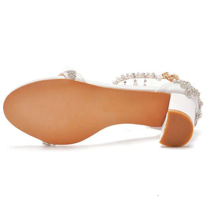 Summer 7Cm Thick Heel Shallow Mouth One Line With Beaded Sandals White Rhinester Tassel Bridal Wedding Shoes Kq8